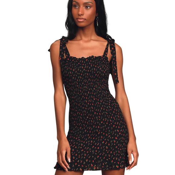 Free People Bella Black Floral Print Smocked Tie Strap Bodycon Mini Dress, Small - Picture 1 of 5